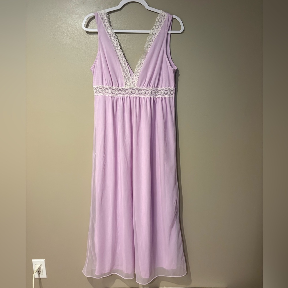 vintage floor length sheer lace trim princess slip dress nightie nightgown